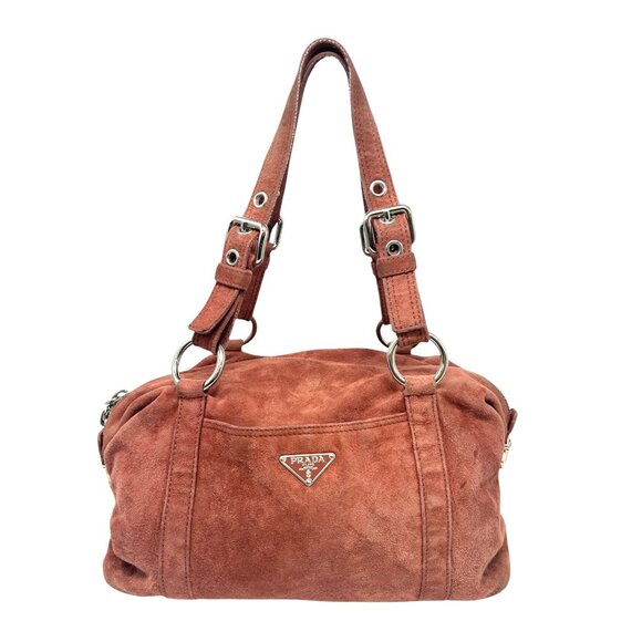 PRADA Vintage Logo Shoulder Bag Tote Red Brown Silver Handbag Suede Zip [105155] - Picture 5 of 13